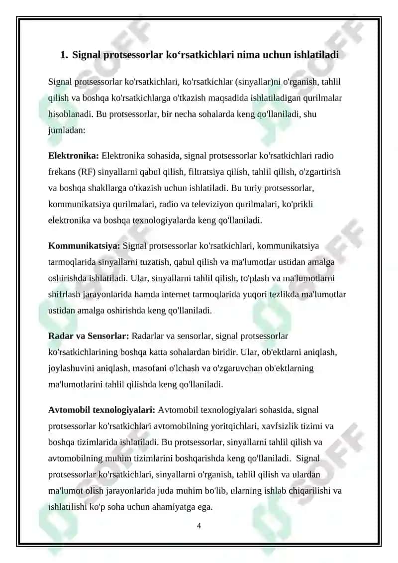 SIGNAL PROTSESSORLAR KO‘RSATKICHLARI TEXNIK PARAMETRLARI VA ARXITEKTURASI 4