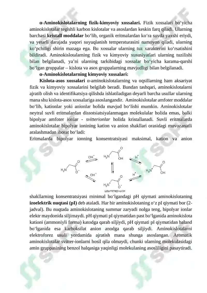 Aminokislotalar, fizik va kimyoviy xossalari, stereokimyosi 4