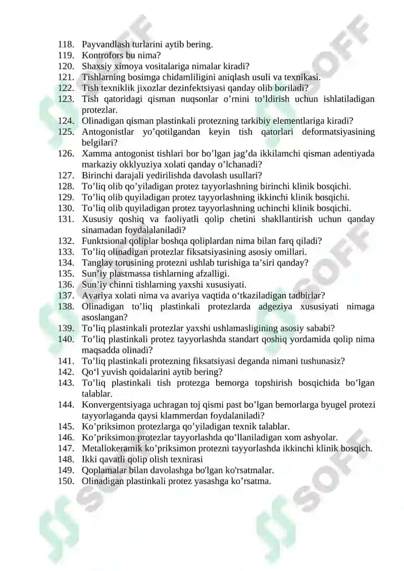 Ortopedik Stomatologiya bo'yicha savollar ro'yxati 4