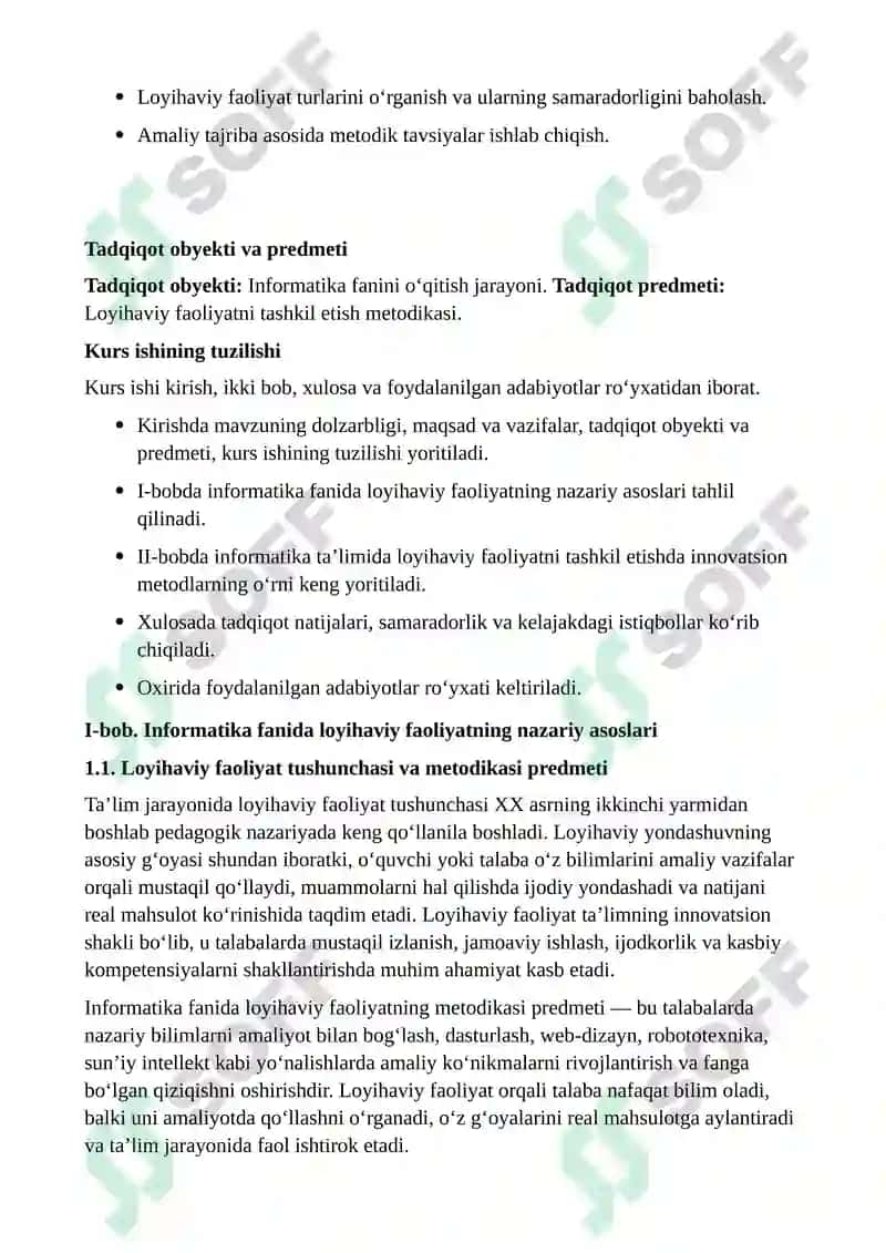 "Informatika fanidan loyihaviy faoliyatni tashkil etish metodikasi" mavzusida kurs ishi 4