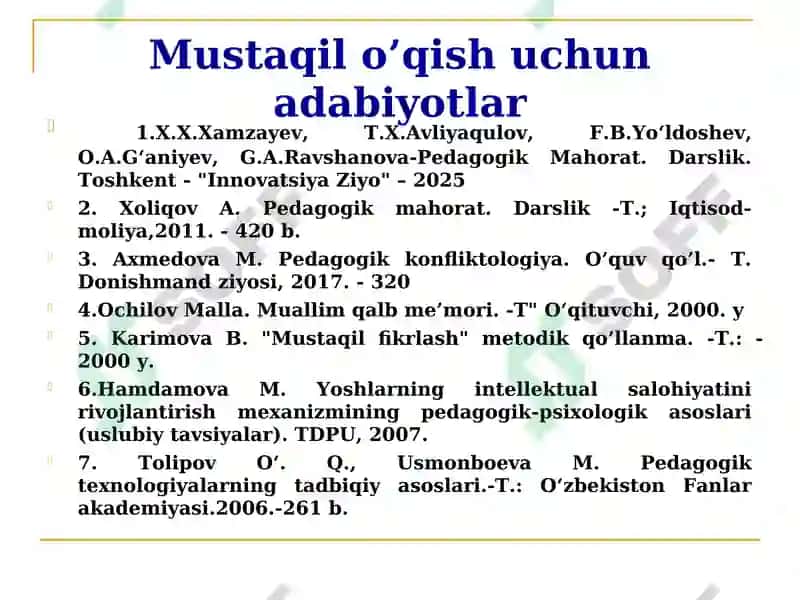 Pedagogik mahorat haqida tushuncha, uning oʻqituvchi faoliyatida tutgan oʻrni. Pedagogik mahorat fanining vazifalari va asosiy tarkibiy qismlari. 4