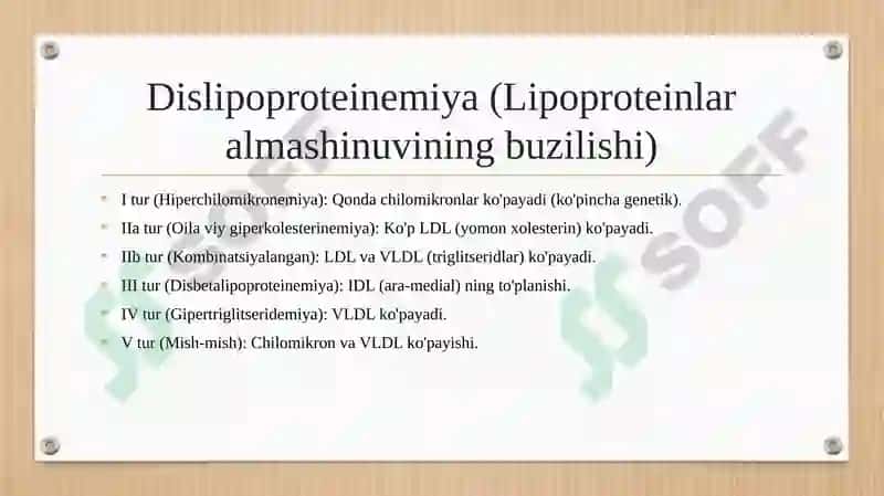 DISLIPOPROTENEMIYA TURLARI. OSHQOZON SUYUQLIGI TASHXISINING KLINIK AHAMIYATI. GIPERASID HOLATLAR VA OSHQOZON-ICHAK YARA KASALLIKLARIDA ANTASID PEREPARATLARNI QO'LLASHNING BIOKIMYOVIY ASOSLARI. 4