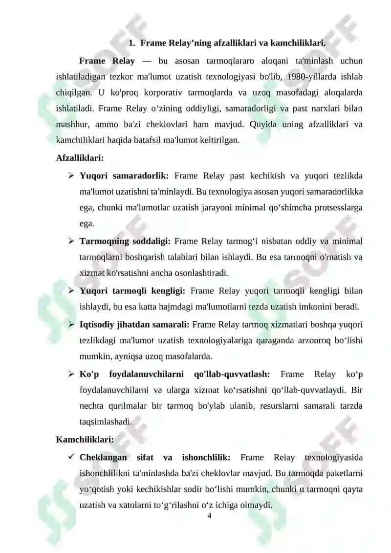 Kanal pog‘onasining protokollari (Frame Relay, ATM, Ethernet). Kommutatorning funksional modeli, turlari va MAC-jadvalning ishlash tamoyillari 4