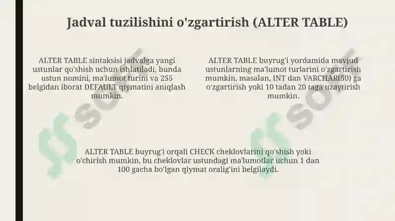 SQL tilida jadvallar yaratish, o’zgartirish va o’chirish 4