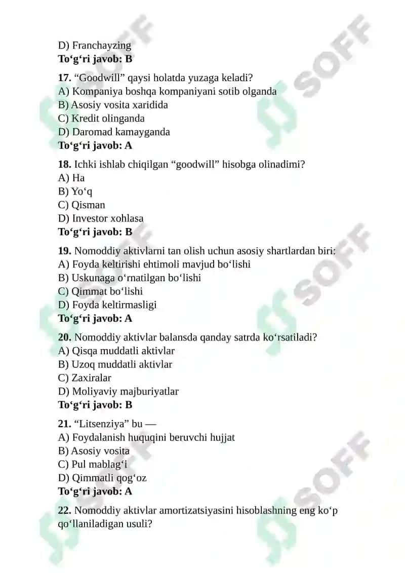 Nomoddiy aktivlar hisobi va ularni baholash tartibi test 4