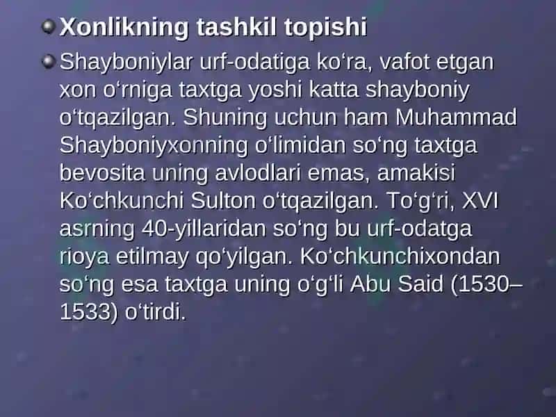 Buxoro xonligining tashkil topishi va siyosiy hayoti. Shayboniylar davrida Buxoro xonligining ijtimoiy siyosiy hayoti 4