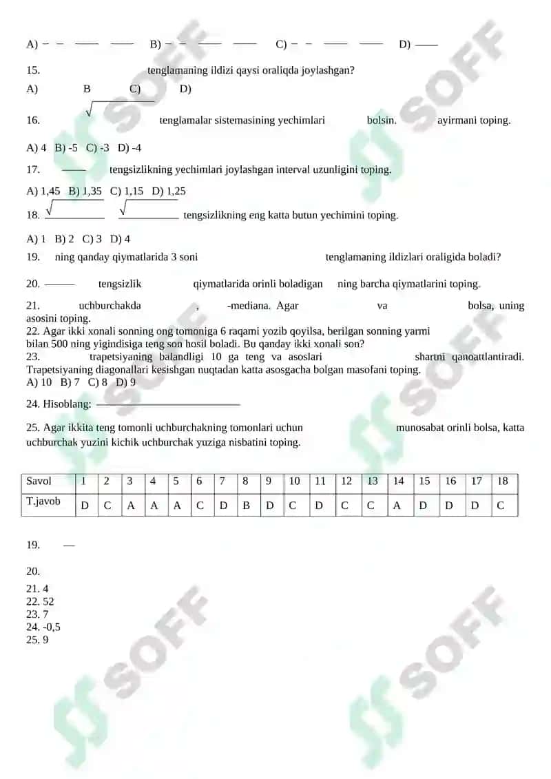 9-sinflar uchun Matematikadan test savollari 4