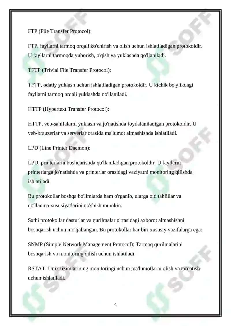 Ilova sathi protokollari: SNMP, RSTAT, RWHONFS, SMB, FTP, TFTP, HTTP, LPD 4