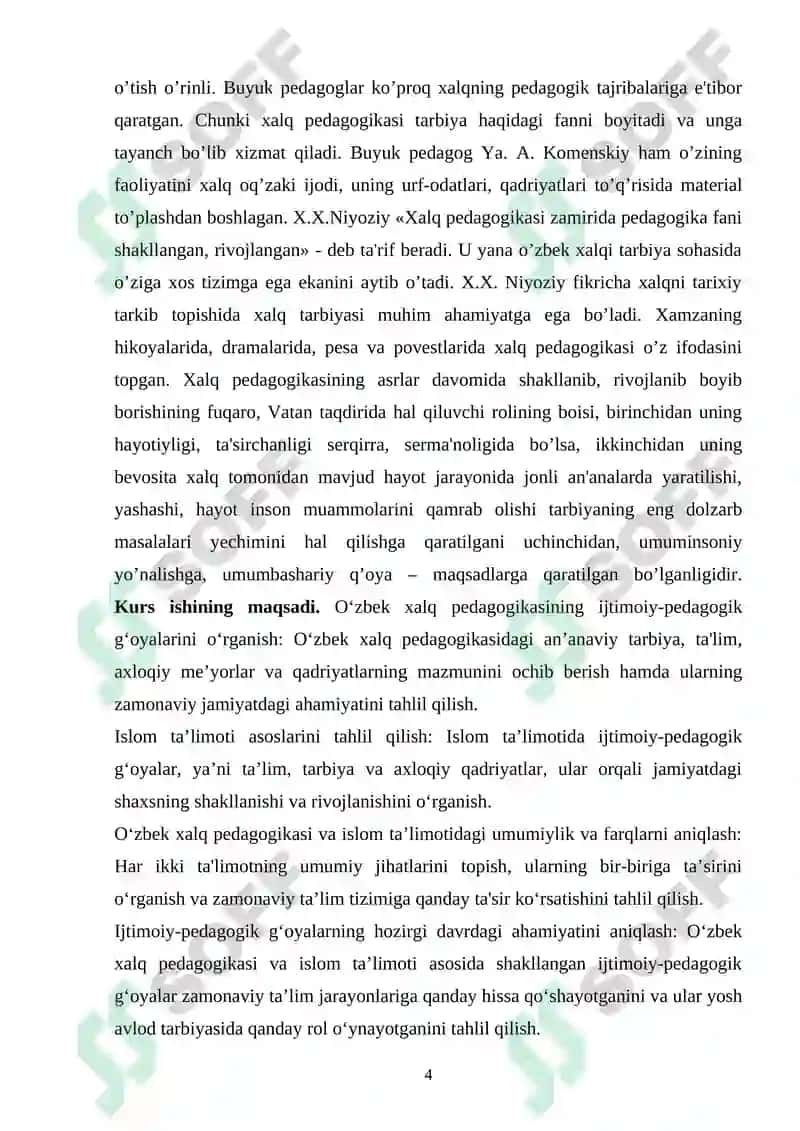 “O‘ZBEK XALQ PEDAGOGIKASI VA ISLOM TA’LIMOTIDA IJTIMOIY-PEDAGOGIK G‘OYALAR” KURS ISHI 4