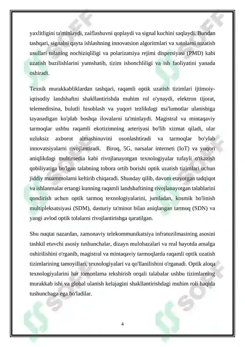 Magistral va regional tarmoqlarda qoʻllaniladigan raqamli optik uzatish tizimlari 4