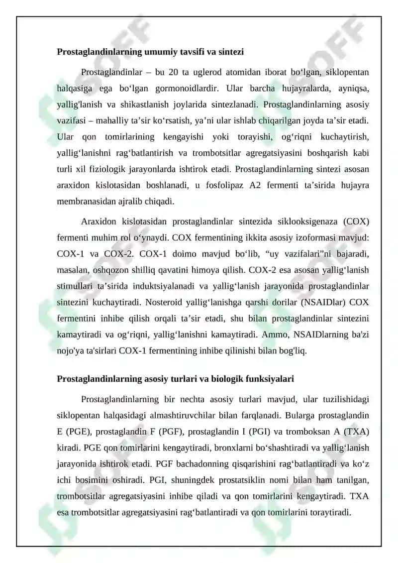 Gormonoidlar: Prostaglandinlar va ularning biologik ahamiyati va samatastatin haqida 4