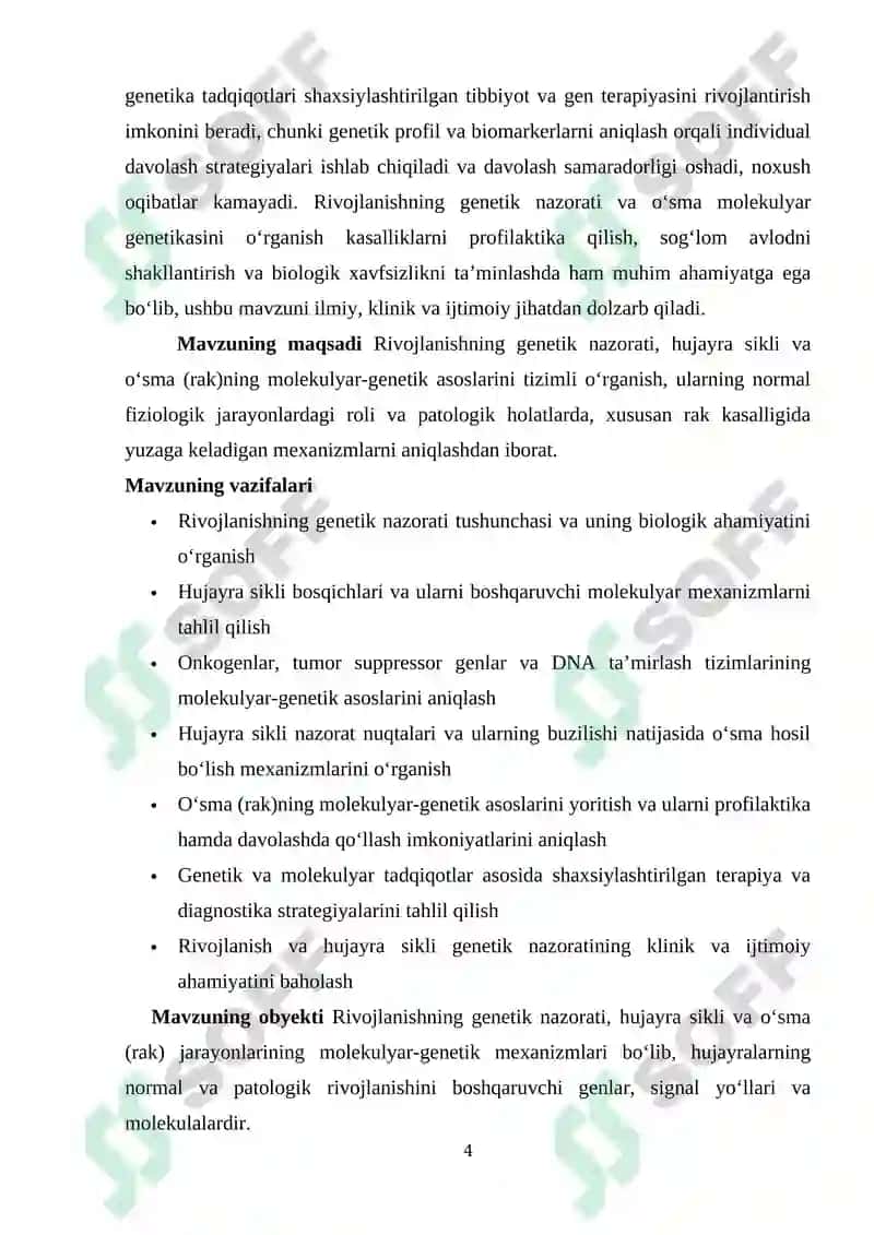 Rivojlanishning genetik nazorati. Hujayra sikli va ósma ( rak) ning molekulyar genetikasi. 4