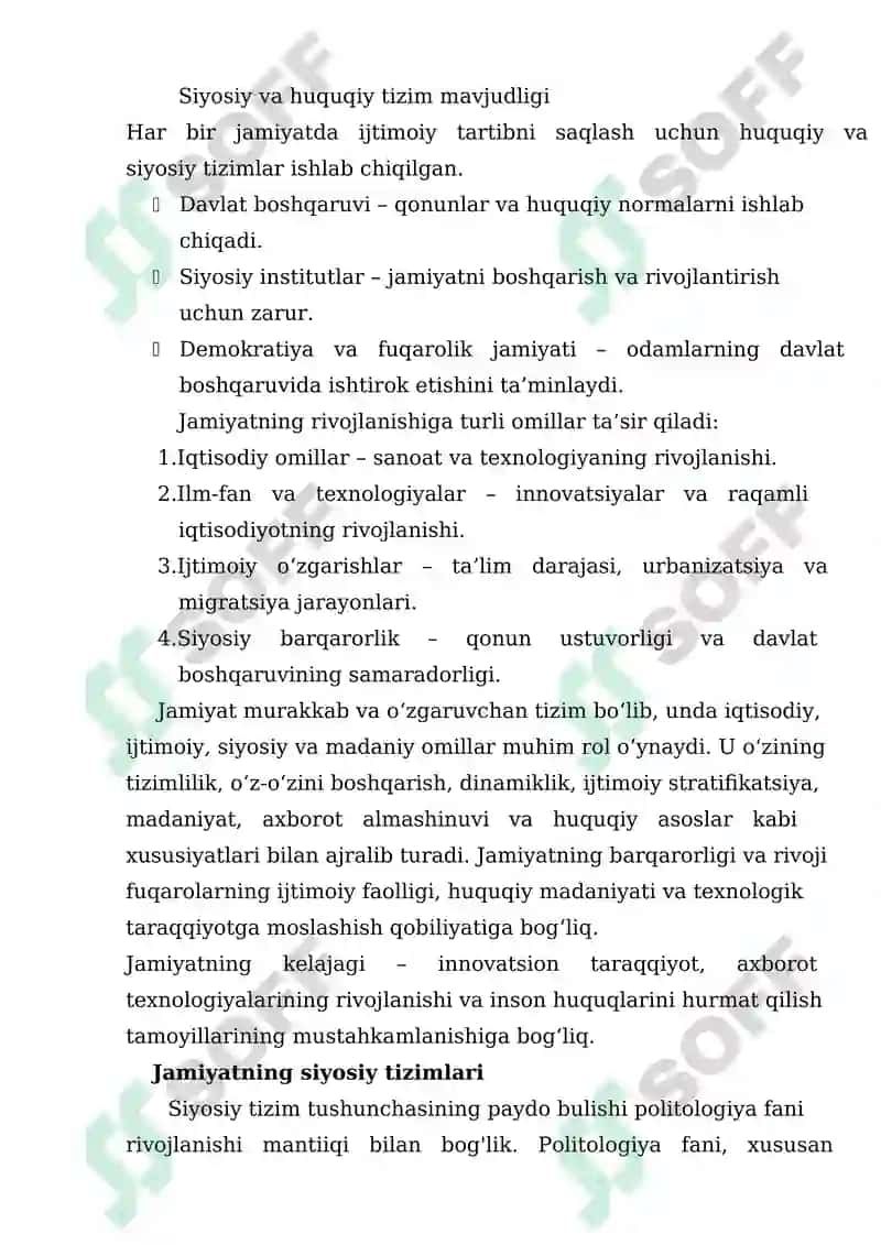 Jamiyat tushunchasi va uning tuzilishi, Jamiyatning iqtisodiy sohasi, Jamiyatning siyosiy sohasi , Jamiyatning ijtimoiy hayoti 4