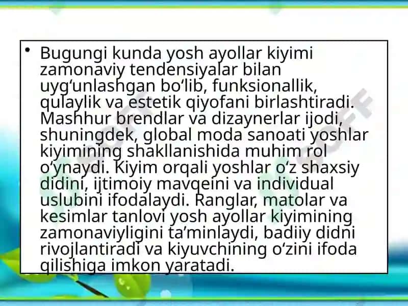 Yoshayollar kiyimlari davrining o'zbek modasini yozmasharhlar taqdimoti 4