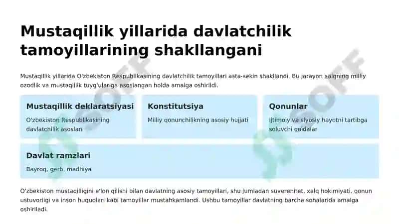 O'ZBEKISTON RESPUBLIKASINING TASHKIL TOPISHI VA UNING TARIXIY AHAMIYATI. O'ZBEKISTONNING O'ZIGA XOS ISTIQLOL VA TARAQQIYOT YO'LI 4