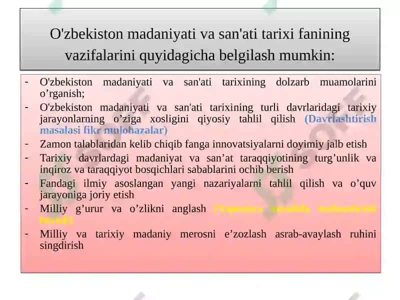 KIRISH. O'ZBEKISTONNING MADANIYATI VA SAN'ATI TARIXI FANINING MAQSADI VA VAZIFALARI. 4