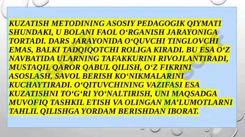 Boshlang'ich ta'lim tabiiy fanlari darslarida kuzatish orqali yangi bilim va tushunchalarni shakllantirish. Ekologik madaniyatini shakllantirishda o'qituvchining kuzatishga yo'naltirishgan topshiriqlar 4