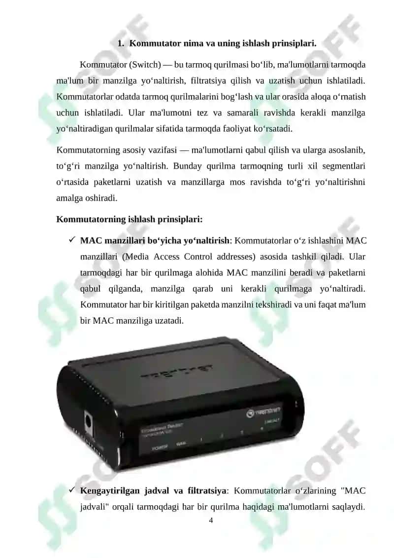 Kanal pog‘onasining protokollari (Frame Relay, ATM, Ethernet). Kommutatorning funksional modeli, turlari va MAC-jadvalning ishlash tamoyillari 4