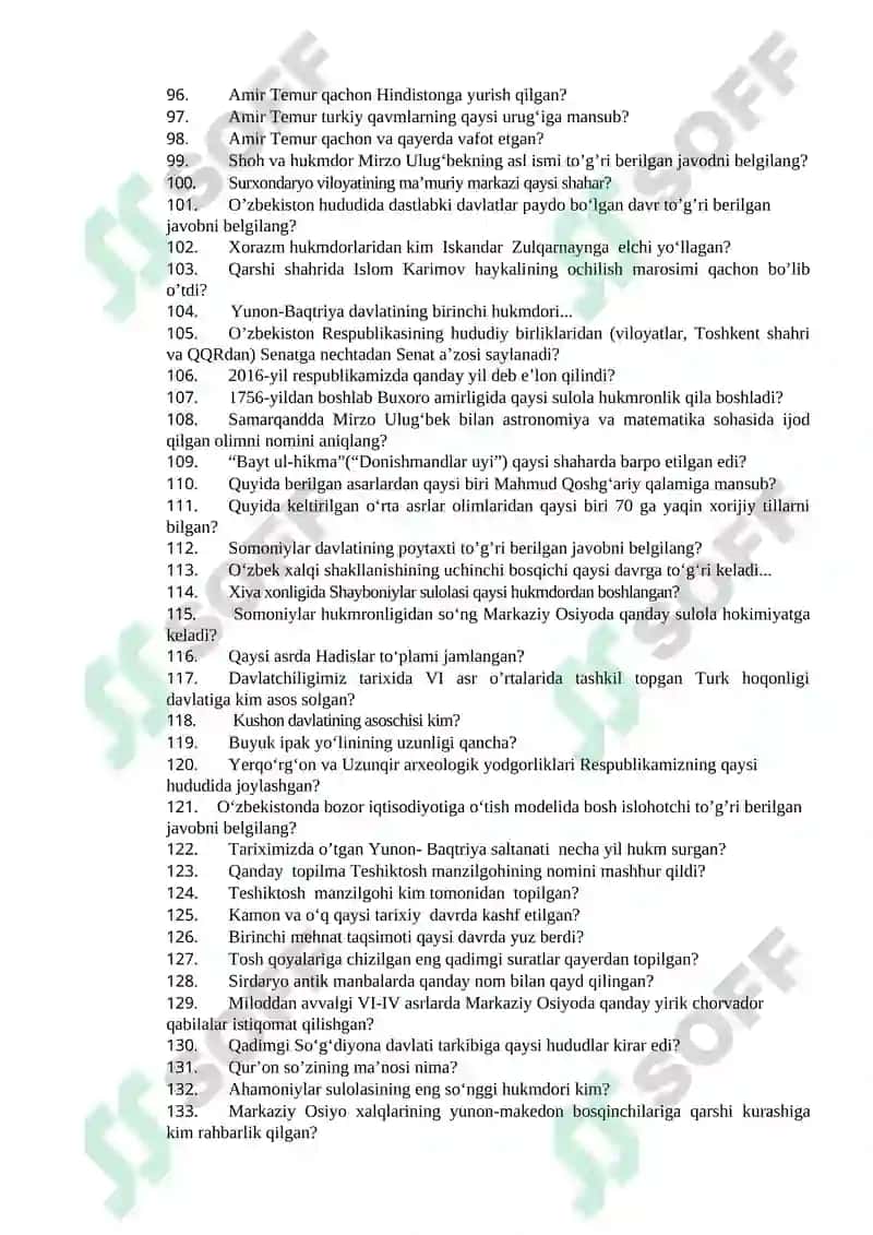 Davlat Attestatsiyasi komissiyasi uchun „O‘ZBEKISTON TARIXI“ FANIDAN TEST SAVOLLARI 4