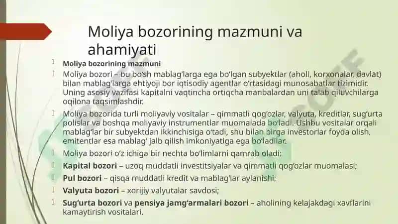 Moliya bozori ishtirokchilari va moliyavi vositachi turlari 4