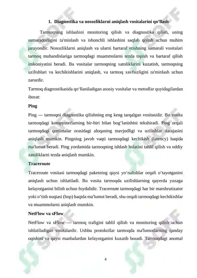 Ma’lumotlar uzatish tarmoqlarining ishonchlilik ko`rsatkichlariga talablar va ularni oshirish usullari. Ma’lumotlar uzatish tarmoqlarida monitoring usullari va protokollari 4
