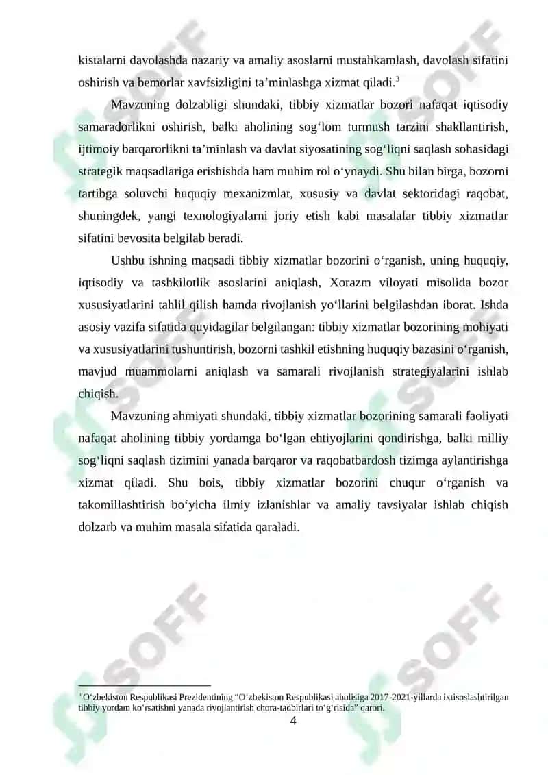 TIBBIY XIZMATLAR BOZORINI TASHKIL ETILISHI VA RIVOJLANISHI  KURS ISHI 4
