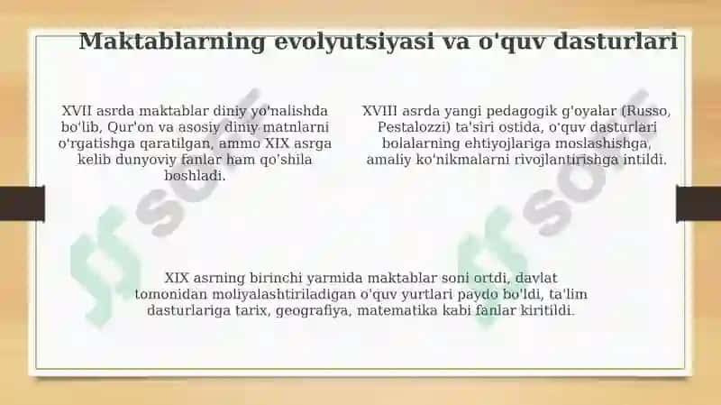 XVII asrdan19 asrning birinchi yarmigacha tarbiya, maktab va pedagogik fikrlar rivoji 4