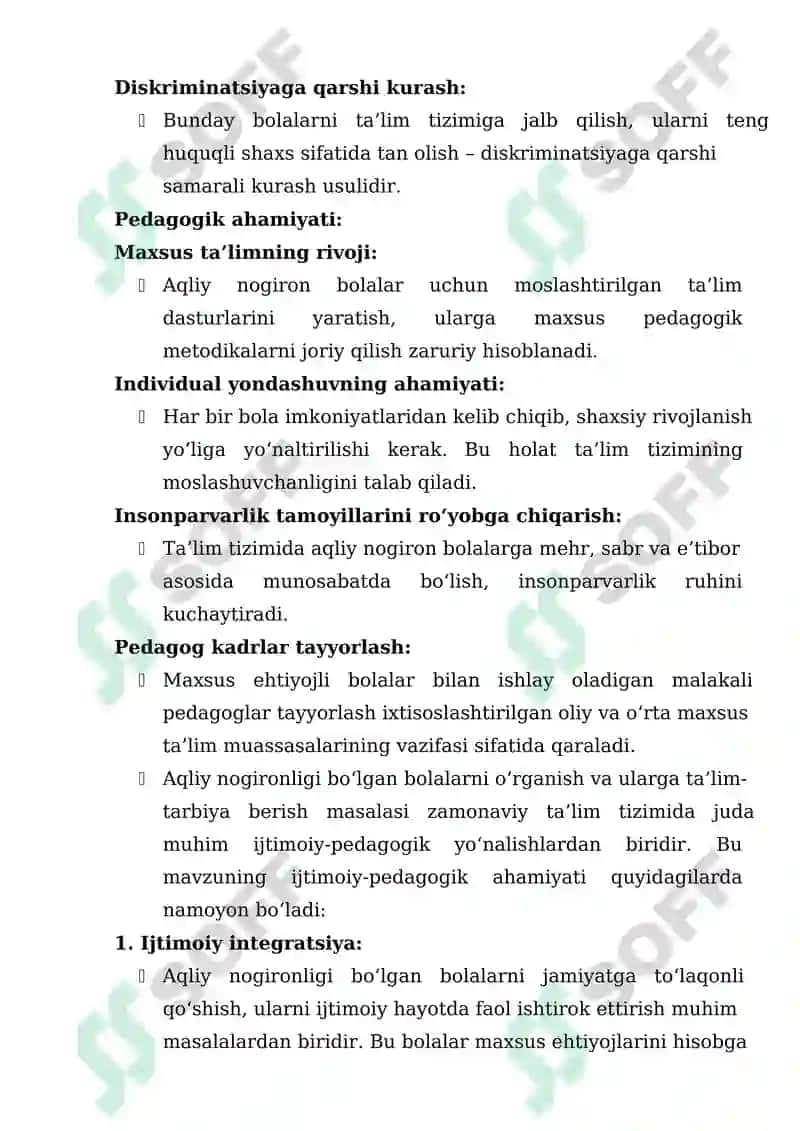 Aqliy  nogironlikning  turli  shakllari  etiologiyasi  va  patogenezi:  aqli zaiflikning  xronologik  yoshi,  zaiflik  darajasi,  aqliy,  nutq  va  ijtimoiy  faoliyat darajasi bo‘yicha rivojlanish xususiyatlari 4