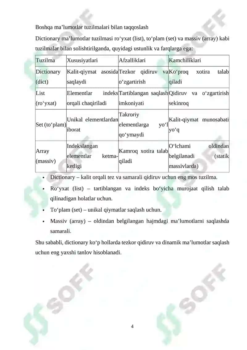 Dictionary maʼlumotlar tuzilmasi va uning afzalliklari 4