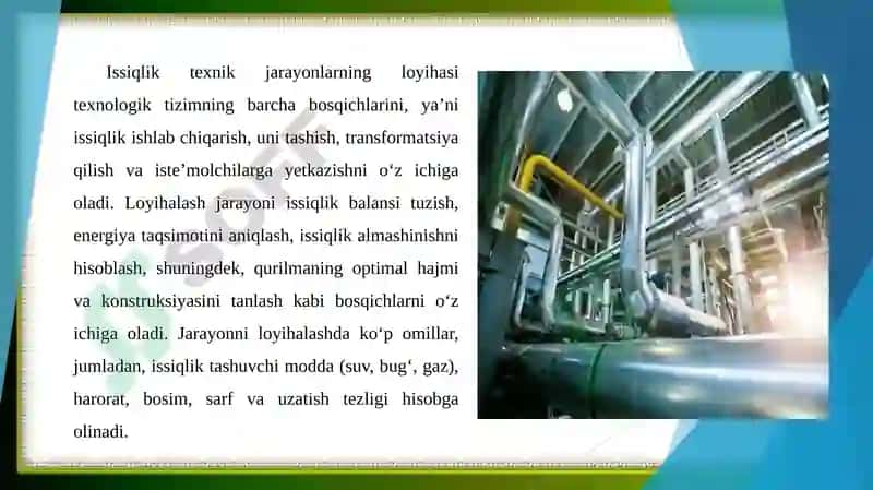 Issiqlik texnik jarayonlarining loyihasi. Suv, gaz dinamikasining hisobi. 4