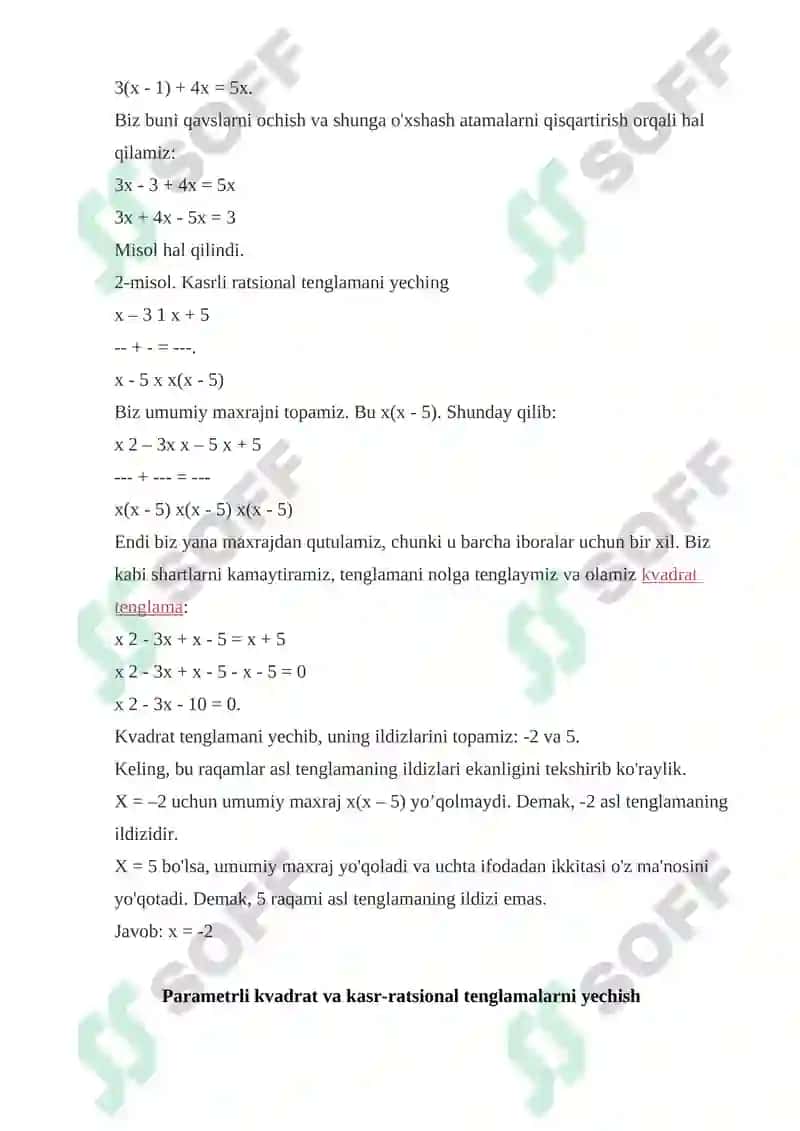 Kasr-ratsional tenglamalarga oid misollar yechish 4