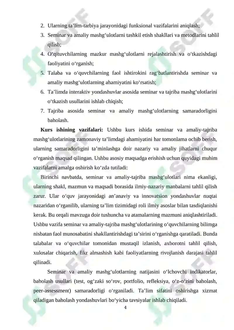 Seminar va amaliy- tajriba  ishlar shaklidagi mashgʻulotlar 4