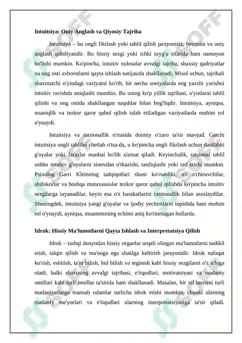 Sezgi va idrok psihik jarayonlarining boshlangʻich holati ikanligi 4