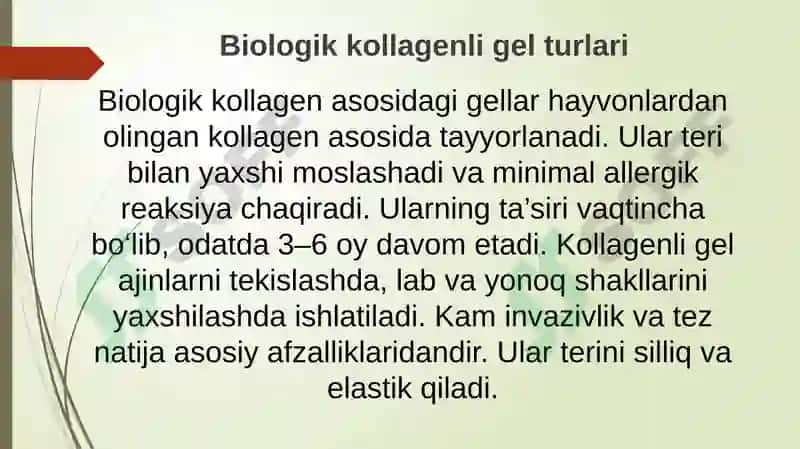 Konturli in'eksion plastika. Gel turlari va ularning tasnifi (biologik-kollagen, gialuron kislota, polilaktik kislota, sintetik-silikon). Kiritish texnikasi va usullari. Ko'rsatmalar. Qarshi ko'rsatmalar. Nojo'ya ta'sirlari 4