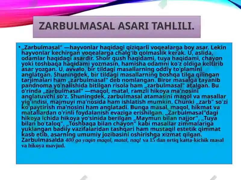 Gulxaniyning Zarbumasal tarkibiga kirgan masallar dalil garisurilgan g‘oyalar 4