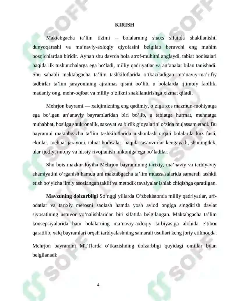 Maktabgacha ta’lim tashkilotlarida Mehrjon bayrami munosabati bilan ma’naviy-ma’rifiy tadbirlarni tashkil etish Mehrjon bayrami Loyiha ishi 4