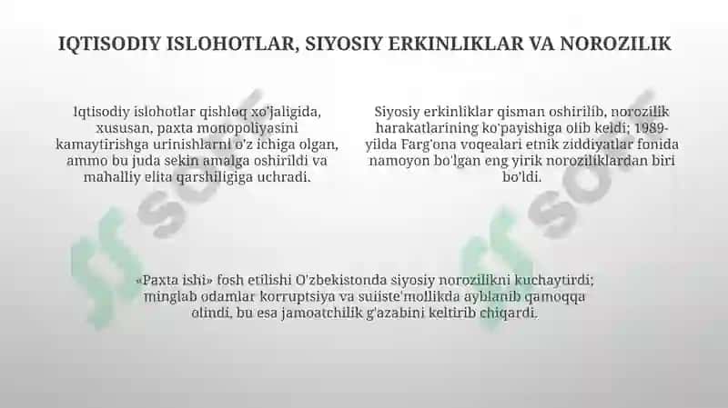 Qayta qurish” yillarida O’zbekistondagi ijtimoiy-siyosiy vaziyat 4
