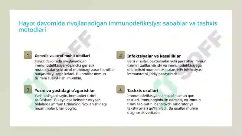 Immuntanqislik holatlari (tug‘ma, hayot davomidaorttirilgan). Immun profilaktika va immun terapiya 4