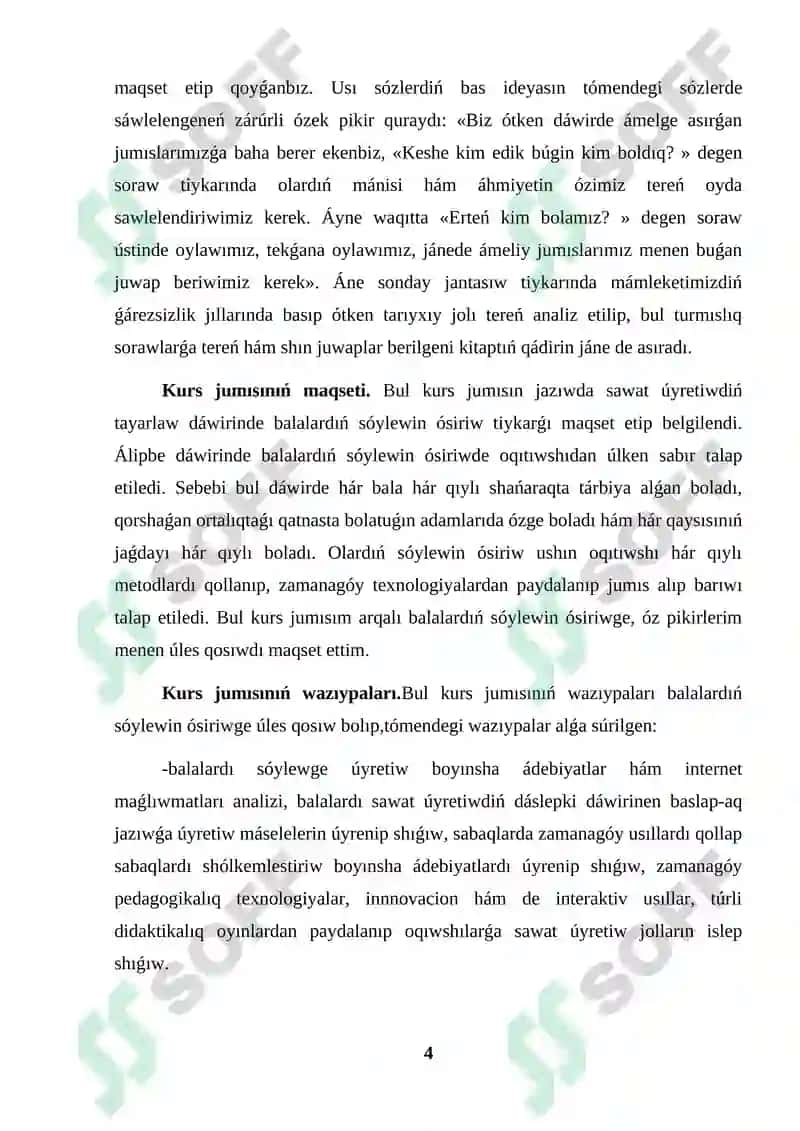 Álipbe dáwirinde oqıwshılardıń sóylewin ósiriw kurs jumısı 4