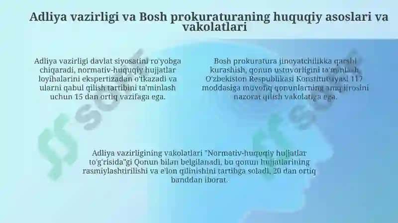 Oʻzbekistondagi huquqni muhofaza qiluvchi organlar. Adliya vazirligi va Bosh Prokuratura 4