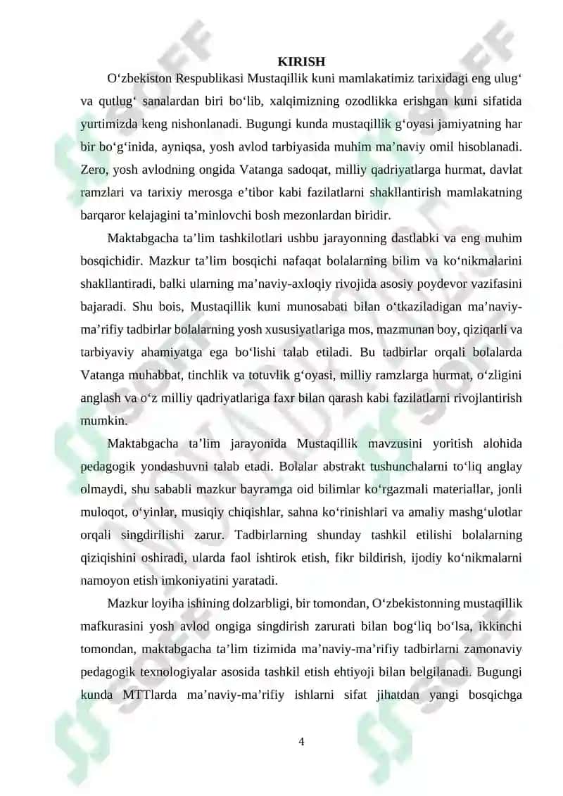 Maktabgacha ta'lim tashkilotlarida "O'zbekiston Respublikasining Mustaqillik kuni" munosabati bilan ma'naviy-ma'rifiy tadbirlarni tashkil etish loyixasi 4