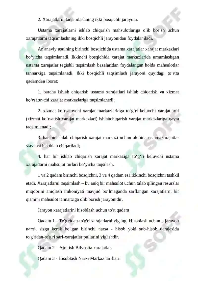 Ustama xarajatlarini ishlab chiqarilgan mahsulotlar tannarxiga toʻliq taqsimlash 4