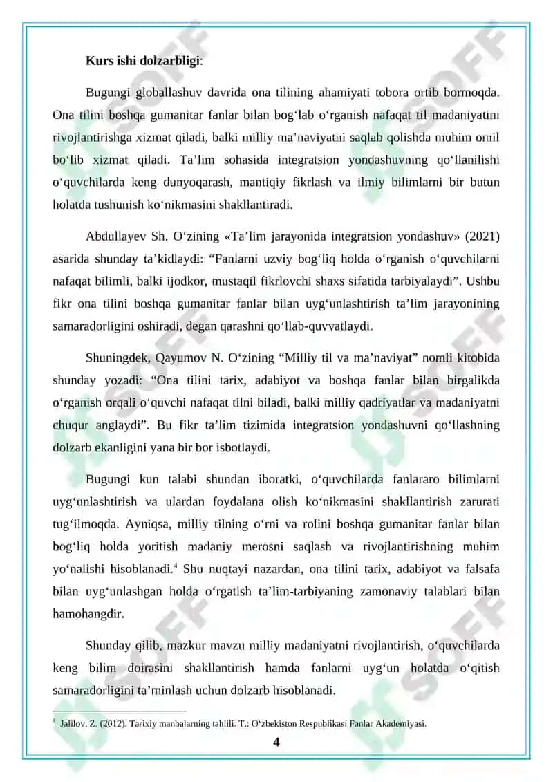 Ona tilini boshqa gumanitar fanlarga bogʻlab o‘rganish. 4