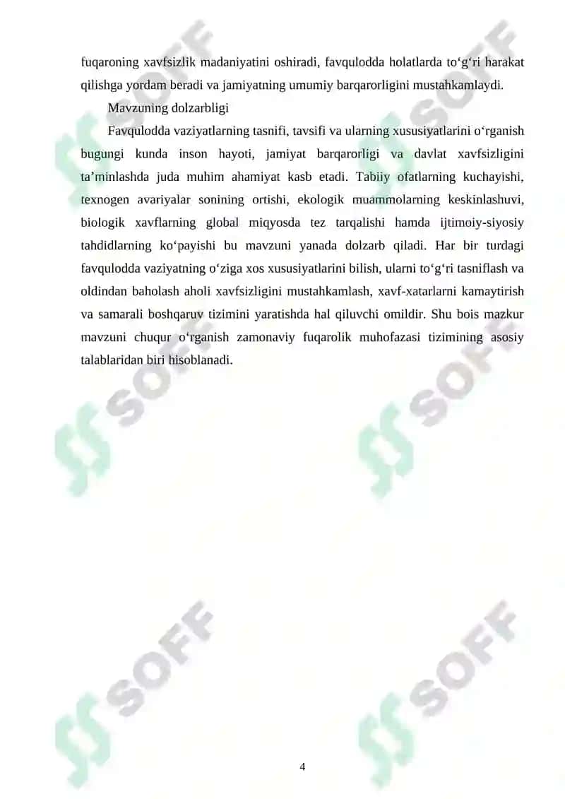 FAVQULODDA VAZIYATLARNING TASNIFI, TAVSIFI VA ULARNING XUSUSIYATLARI. 4
