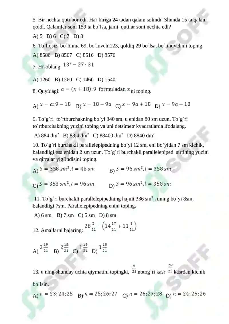 5-6-7-8-sinf MATEMATIKA TESTLAR to’plami 4