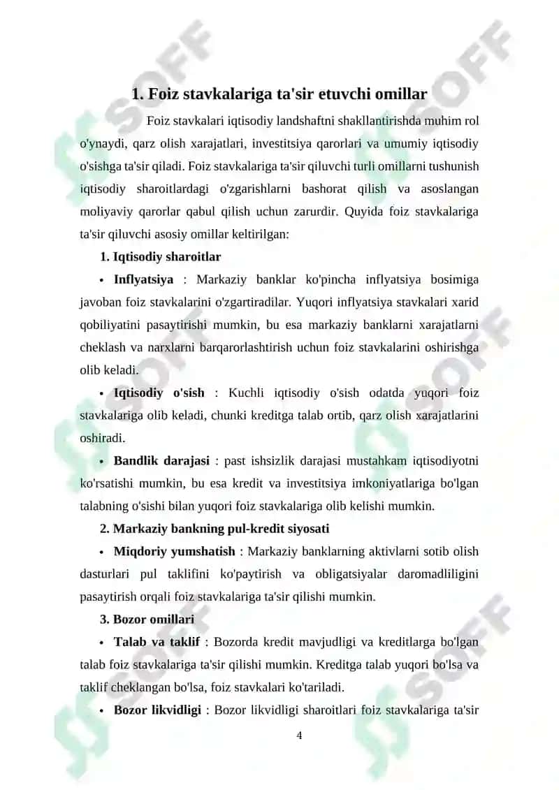 FOIZ STAVKASI VA KREDIT BAHOSIGA TA'SIR ETUVCHI OMILLAR. MARJA VA UNI HISOBLASH USULLARI. 4
