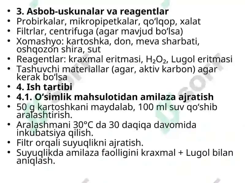 O‘SIMLIK VA HAYVON MAHSULOTLARIDAN XOMASHYO SIFATIDA FOYDALANIB FERMENT PREPARATLARINI AJRATIB OLISH TEXNOLOGIYASI 4