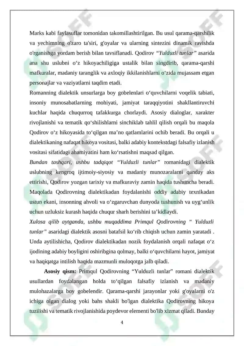 "Yulduzli tunlar" romanidagi dialektikadan foydalanishning tahlili 4
