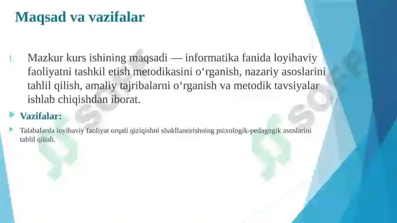"Informatika fanidan loyihaviy faoliyatni tashkil etish metodikasi" mavzusida taqdimot 4