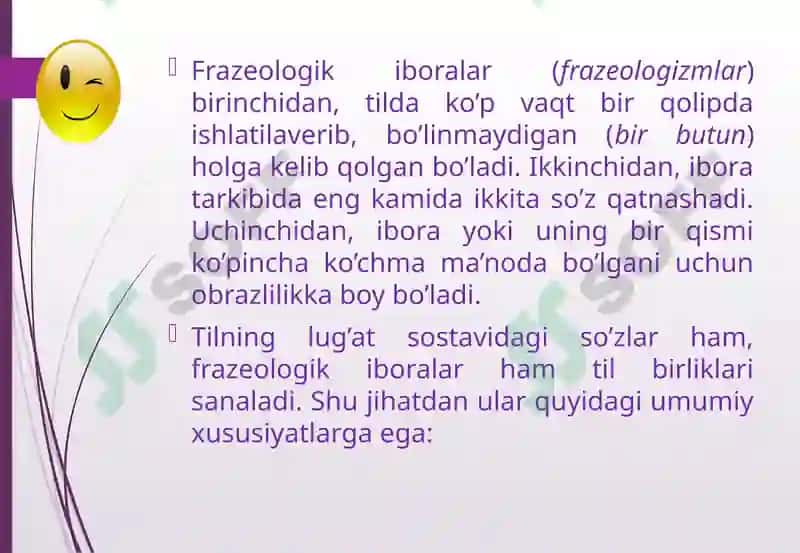 Frazeologiya  haqida  ma’lumot.  Frazeologizm  til  va  nutq  birligi sifatida.  Frazeologik  iboralarning ma’no  xususiyatlariga ko‘ra asosiy  belgilari  va turlari. 4
